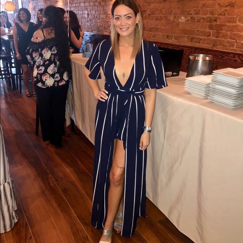 Striped Navy Blue and White Romper with Overlay